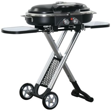 Outsunny Foldable Gas Bbq Grill 2 Burner Garden Barbecue Trolley W/ Lid Side Shelves Storage Pocket Piezo Ignition Thermometer, Aluminium Alloy