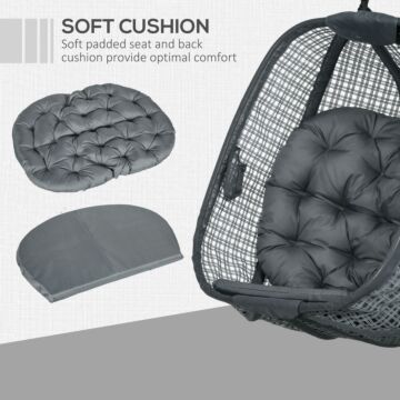 Outsunny Outdoor Swing Chair W/ Thick Padded Cushion, Patio Hanging Chair W/ Metal Stand, Foldable Basket, Cup Holder, Dark Grey