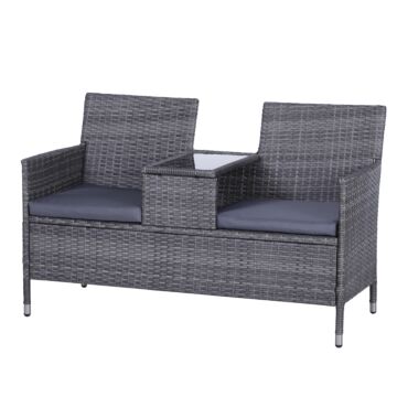 Outsunny Garden Rattan 2 Seater Companion Seat Wicker Love Seat Weave Partner Bench With Cushions Patio Outdoor Furniture - Grey