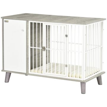 Pawhut Dog Crate Furniture, Indoor Pet Kennel Cage, Top End Table W/ Soft Cushion, Lockable Door, For Small Dogs, 98 X 48 X 70.5 Cm - Grey