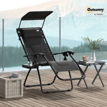 Outsunny Zero Gravity Lounger Chair, Folding Reclining Patio Chair With Shade Cover, Cup Holder, Soft Cushion And Headrest For Poolside, Camping, Black