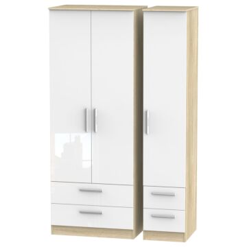 Contrast Tall Triple 2 Drawer + Drawer Wardrobe In White & Bardolino Oak