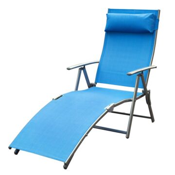 Outsunny Sun Lounger Steel Frame Outdoor Folding Chaise Texteline Lounge Chair Recliner With Headrest & 7 Levels Adjustable Backrest, Blue