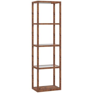 Homcom Led Floor Lamp With Glass Shelves, 4 Layers Dimmable Tall Standing Lamp, Modern Column Shelf Floor Light For Living Room, Bedroom, Office, Rustic Brown