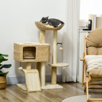 Pawhut 95cm Cat Tree Tower For Indoor Cats, With Scratching Post, Cat House, Toy Ball, Platform - Beige