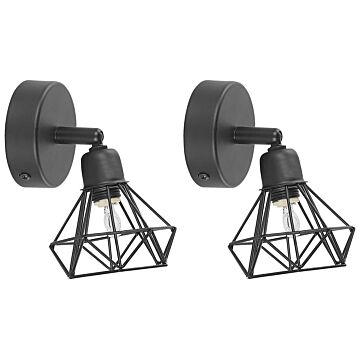Set Of 2 Wall Lamp Black Metal Cage Shade Adjustable Light Position Modern Beliani