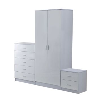 Homcom High Gloss 3 Piece Trio Bedroom Furniture Set Wardrobe + Chest Of Drawer + Bedside White