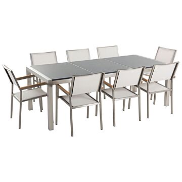 Garden Dining Set White With Grey Granite Table Top 8 Seats 220 X 100 Cm Beliani