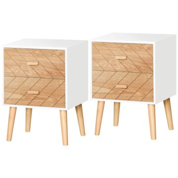 Homcom Bedside Table Set Of 2, Modern Bedside Cabinets With Drawer And Pine Wood Legs, Nightstand For Bedroom, White And Natural