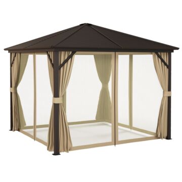Outsunny 3 X 3 M Garden Gazebo With Netting And Curtains, Hard Top Gazebo Canopy Shelter W/ Metal Roof, Aluminium Frame, For Garden, Lawn