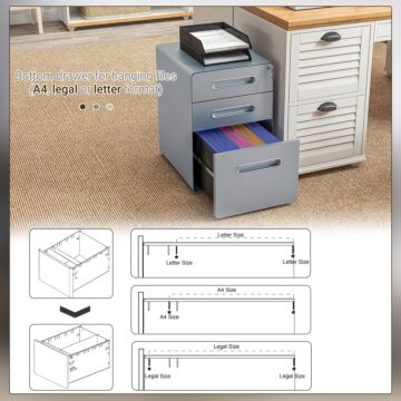 Vinsetto Lockable Cabinet, Rolling Filing Cabinet With 3 Drawers, Steel Office Drawer Unit For A4, Letter, Legal Sized Files