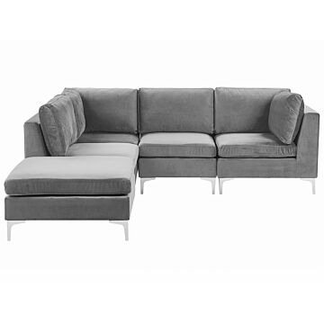 Right Hand Modular Corner Sofa With Ottoman Grey Velvet 4 Seater L-shaped Silver Metal Legs Glamour Style Beliani