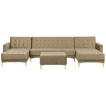 Corner Sofa Bed Beige Velvet Tufted Fabric Modern U-shaped Modular 5 Seater With Ottoman Chaise Lounges Beliani