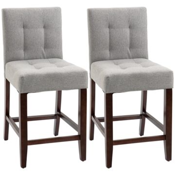 Homcom Modern Fabric Bar Stools Set Of 2, Thick Padding Kitchen Stool, Bar Chairs With Tufted Back Wood Legs, Grey