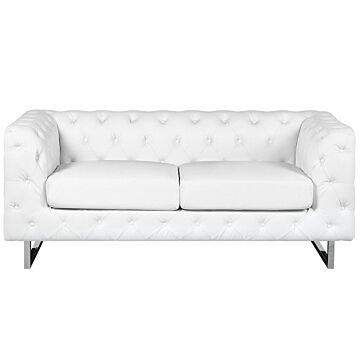 2 Seater Chesterfield Style Sofa White Tuxedo Arms Buttoned Back Silver Legs Faux Leather Beliani