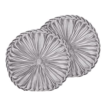 Set Of 2 Decorative Cushions Grey Fabric With Pleats Round 40 Cm Minimalist Modern Decor Accessories Beliani