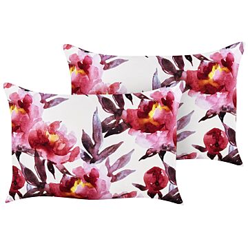 Set Of 2 Garden Cushions White And Pink Polyester Floral Pattern 40 X 60 Cm Rectangular Modern Outdoor Patio Water Resistant Beliani