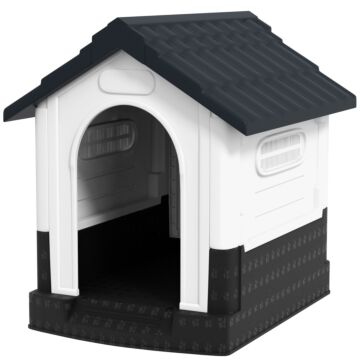 Pawhut Plastic Dog Kennel With Windows, For Garden Patio, Miniature Dogs, 64.5 X 57 X 66cm - Grey
