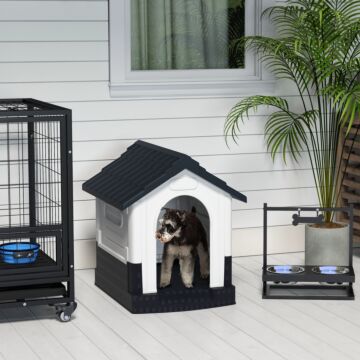 Pawhut Plastic Dog Kennel With Windows, For Garden Patio, Miniature Dogs, 64.5 X 57 X 66cm - Grey