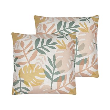 Set Of 2 Cushions Multicolour Polyester 45 X 45 Cm Leaf Pattern Print Zip Removable Covers Living Room Bedroom Beliani