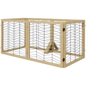 Pawhut 6 Panels Pet Gate, Wooden Foldable Dog Barrier W 2pcs Support Feet, For Small Medium Dogs - Natural Wood Finish