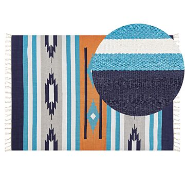 Kilim Area Rug Multicolour Cotton 140 X 200 Cm Handwoven Reversible Flat Weave Geometric Pattern With Tassels Traditional Boho Living Room Bedroom Beliani