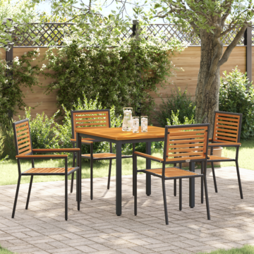 Vidaxl 5 Piece Garden Dining Set Black Poly Rattan Acacia, Vidaxl Stacking Garden Chairs With Cushions 2 Pcs Black Poly Rattan, Vidaxl Garden Table 90x90x75 Cm Solid Acacia Wood And Metal