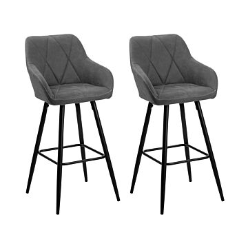 Set Of 2 Bar Stool Grey Fabric Upholstered With Arms Quilted Backrest Black Metal Legs Beliani