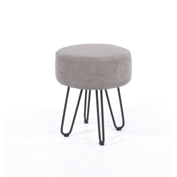 Grey Fabric Upholstered Round Stool With Black Metal Legs