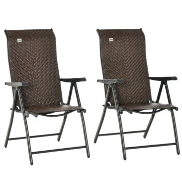 Outsunny Set Of 2 Outdoor Wicker Folding Chairs, Patio Pe Rattan Dining Armrests Chair Set With Adjustable Backrest, For Outdoors, Camping, Red Brown