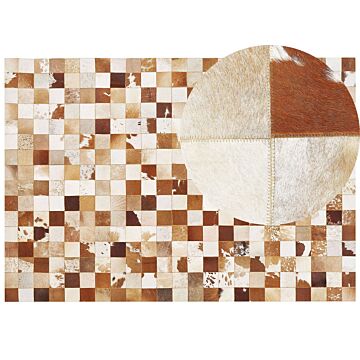 Area Rug Brown And White Cowhide Leather 160 X 230 Cm Patchwork Pattern Beliani