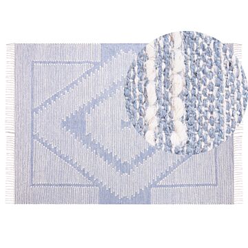 Rug Off-white Blue Cotton Wool 140 X 200 Cm Geometric Pattern Runes Tribal Tassels Oriental Beliani