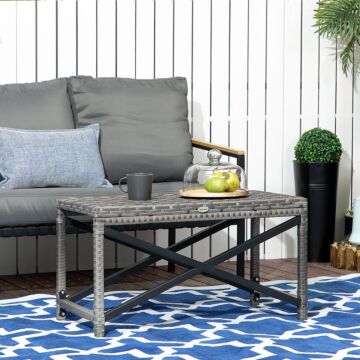 Outsunny Pe Wicker Outdoor Coffee Table, Patio Rattan Side Table, With Plastic Board Under The Full Woven Table Top, Garden Mixed Grey