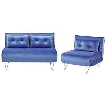 Living Room Set Navy Blue Velvet Single And 2 Seater Sofa Bed With Cushions Metal Hairpin Legs Glamour Beliani
