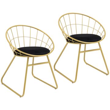 Homcom Modern Dining Chairs Set Of 2, Metal Wire Kitchen Chair With Velvet-feel Cushion, Round Back And Steel Frame For Living Room, Bedroom, Gold