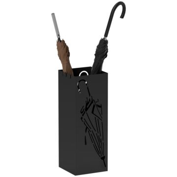 Homcom Metal Umbrella Stand, Square Umbrella Holder With 4 Hooks And Removable Drip Tray, Decorative Umbrella Storage Rack For Entryway, Hallway, 15.5 X 15.5 X 41 Cm, Black