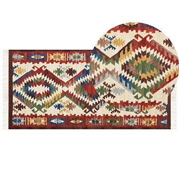 Kilim Area Rug Multicolour Wool 80 X 150 Cm Hand Woven Flat Weave Oriental Pattern With Tassels Traditional Living Room Bedroom Beliani