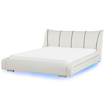 Bed Frame White Leather Eu Super King Size 6ft Led Lights Slatted Base Upholstered Headboard Modern Beliani