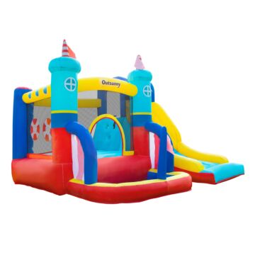 Outsunny 4 In 1 Kids Bounce Castle Large Sailboat Style Inflatable House Slide Trampoline Water Pool Climbing Wall For Kids Age 3-8, 2.65 X 2.6 X 2m