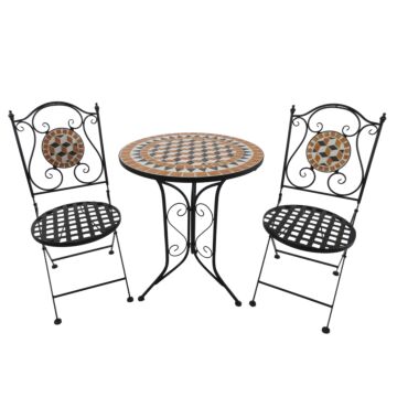 Outsunny 3 Pcs Garden Mosaic Bistro Set Outdoor Patio 2 Folding Chairs & 1 Round Table Outdoor Metal Furniture Vintage