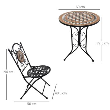 Outsunny 3 Pcs Garden Mosaic Bistro Set Outdoor Patio 2 Folding Chairs & 1 Round Table Outdoor Metal Furniture