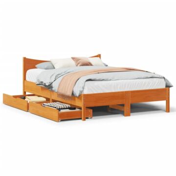 Vidaxl Bed Frame With Drawers Wax Brown 140x200 Cm Solid Wood Pine