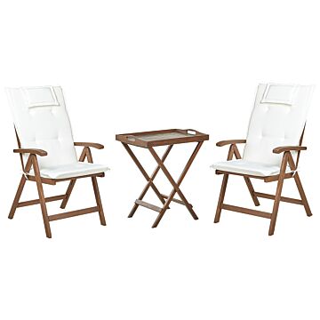 Garden Bistro Set Dark Solid Acacia Wood With Off White Cushions Table 2 Chairs Adjustable Backrest Folding Rustic Style Balcony Furniture Beliani