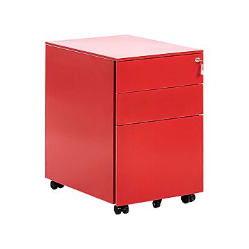 Storage Cabinet Red Metal 3 Drawers Key Lock Castors Industrial Office Beliani