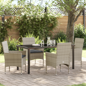 Vidaxl 5 Piece Garden Dining Set With Cushions Light Grey Poly Rattan, Vidaxl Garden Table Black 160x80x73 Cm Tempered Glass