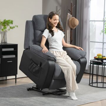 Homcom Power Lift Recliner Chair For Elderly, Patchwork Design Oversized Electric Riser And Recliner Armchair For Living Room With Remote Control And 2 Side Pockets, Dark Grey