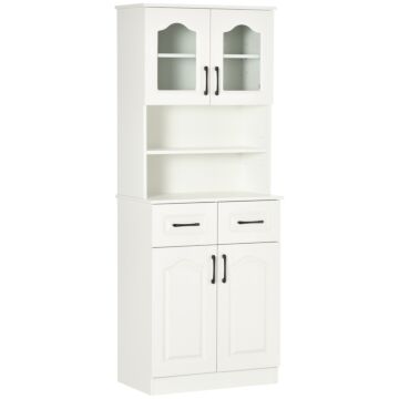Homcom Kitchen Cupboard, Freestanding Storage Cabinet With 2 Adjustable Shelves, 2 Drawers And Open Counter For Living Room, Dining Room, 168cm, White