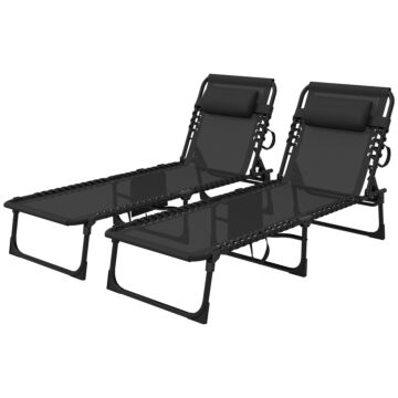 Outsunny Portable Sun Lounger Set Of 2, Folding Camping Bed Cot, Reclining Lounge Chair 5-position Adjustable Backrest With Side Pocket, Pillow For Patio Garden Beach Pool, Black