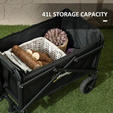 Outsunny 41l Festival Trolley On Wheels, Small Garden Folding Trolley Cart, 60kg Heavy Duty Collapsible Folding Wagon With Adjustable Handle And Carrying Bag For Beach, Camping, Festival, Black