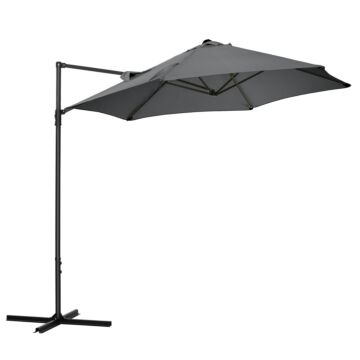 Outsunny 2.5m Garden Cantilever Parasol With 360° Rotation, Offset Roma Patio Umbrella Hanging Sun Shade Canopy Shelter With Cross Base, Dark Grey